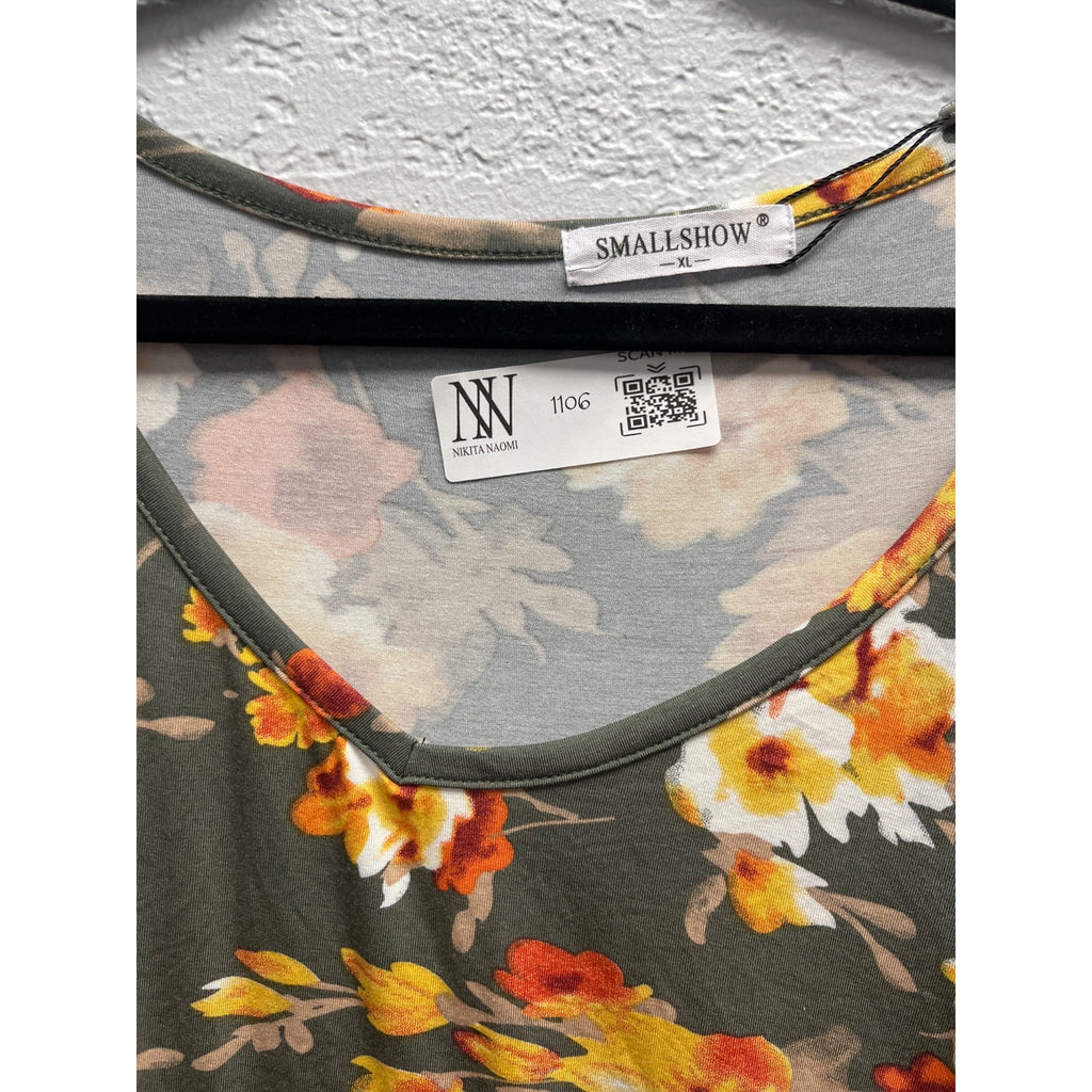 #1106 Smallshow Floral Short Sleeve Nursing Maxi Dress Green Orange Size XL
