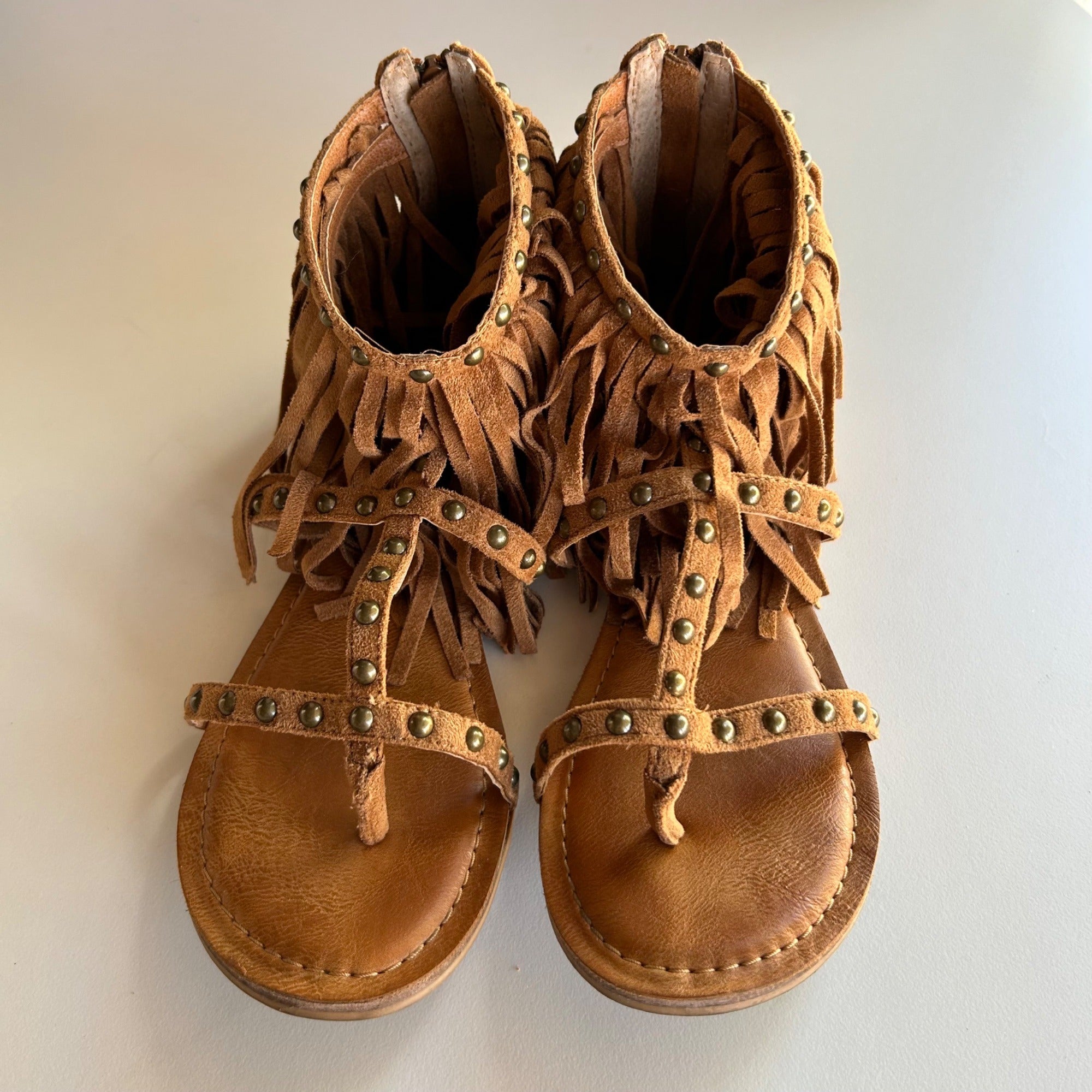 Not Rated "XENIA" Tan Fringed Sandals - Metal Stud Trim Women's Size 7