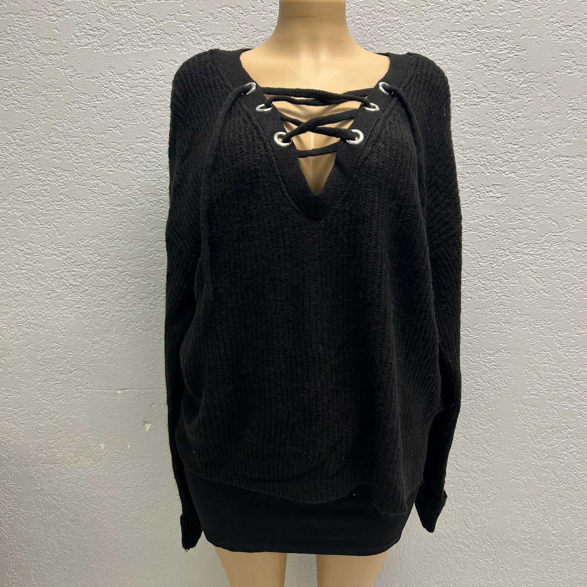 No Boundaries Small Lace Up Sweater, Black