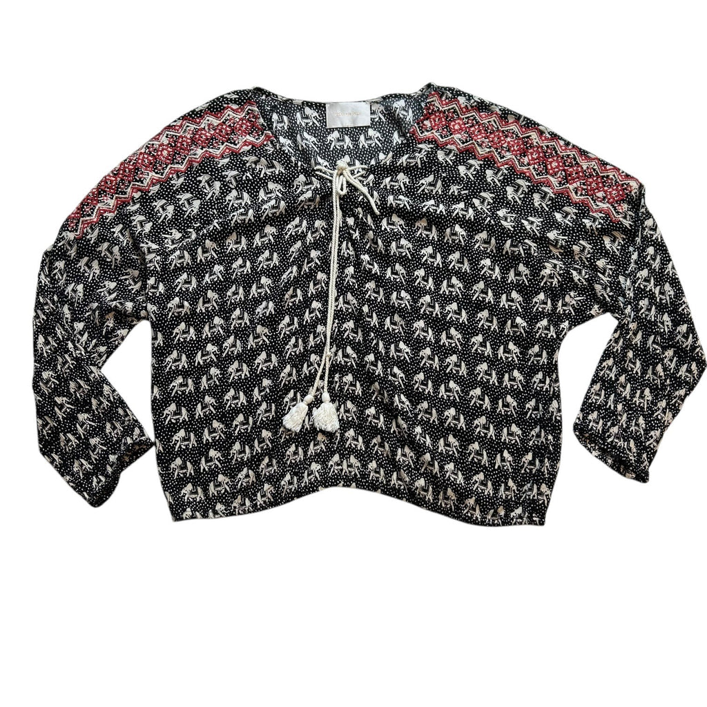 Skies Are Blue Womens Elephant Print Long Sleeve Top With Tassel Tie