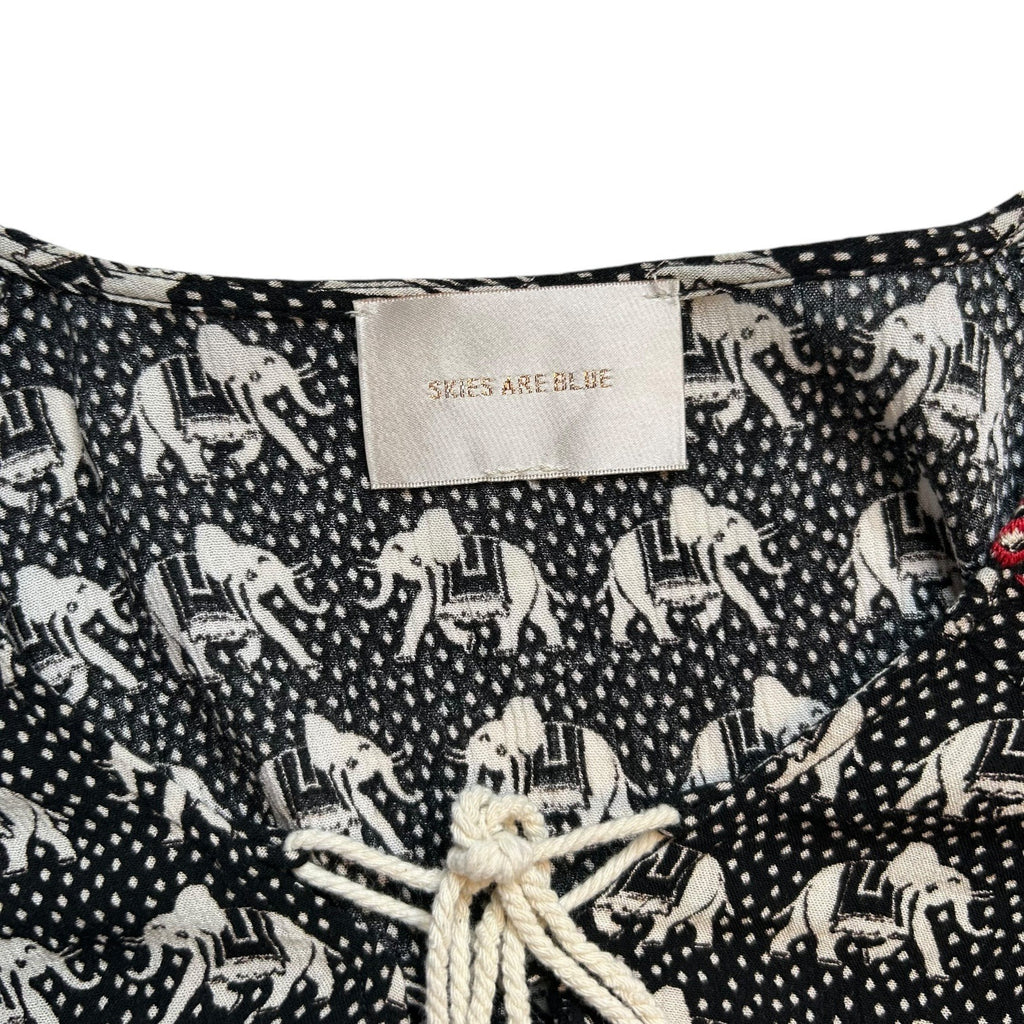 Skies Are Blue Womens Elephant Print Long Sleeve Top With Tassel Tie