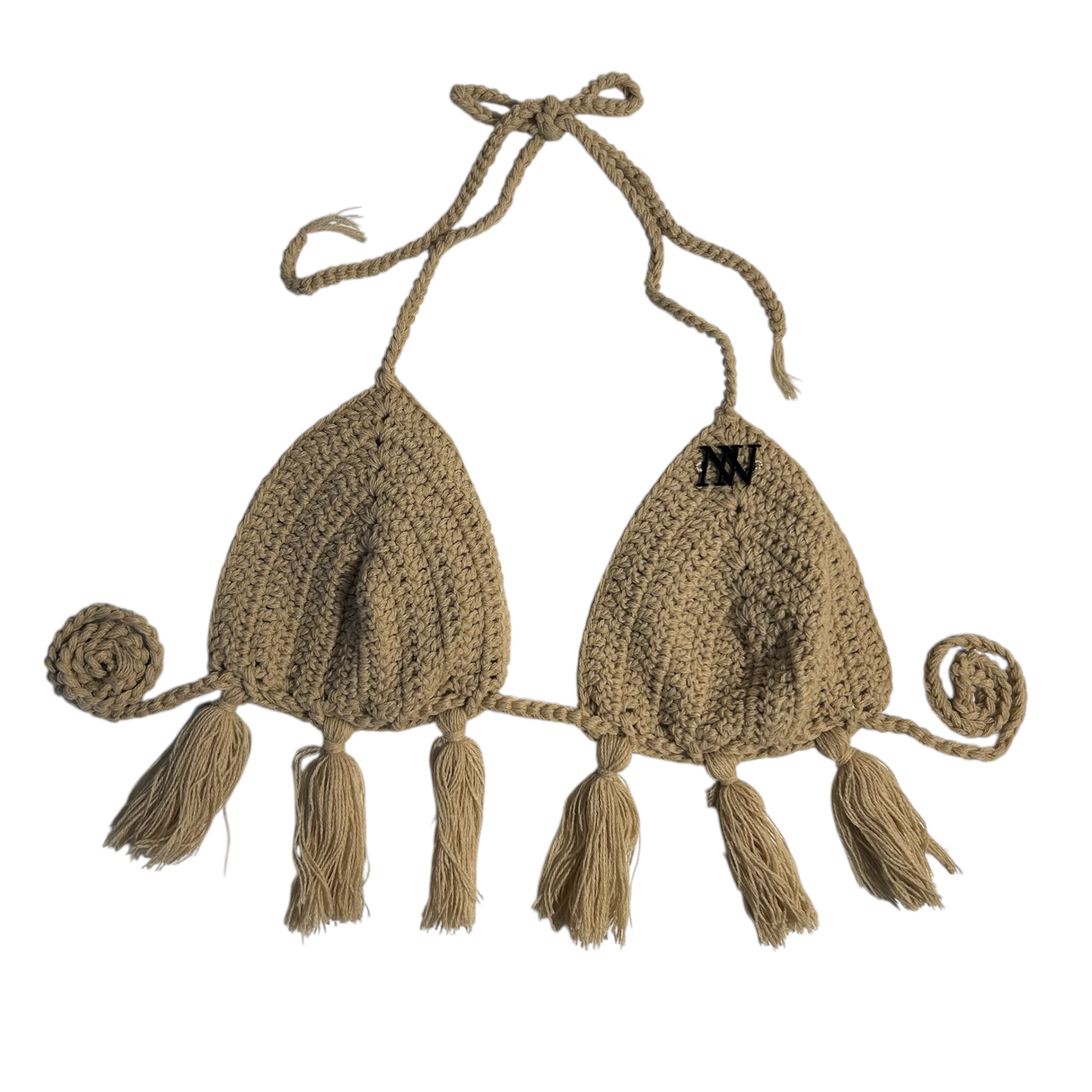 Beige Tassels Crochet Bikini Top by Nikita Naomi