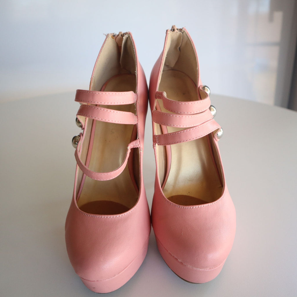 Pink High Heel Platform Pumps With Straps & Silver Button Detailing Size 7