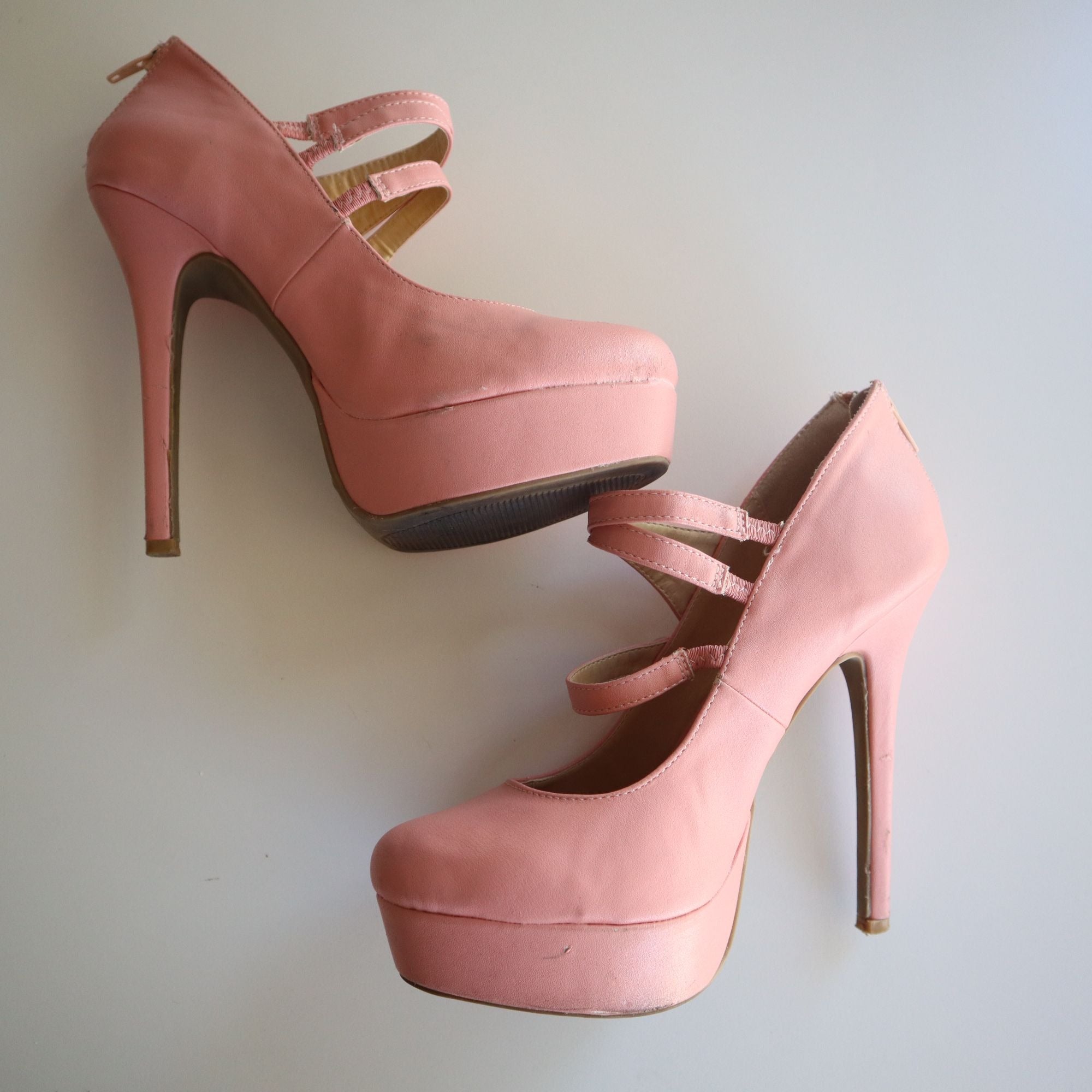 Pink High Heel Platform Pumps With Straps & Silver Button Detailing Size 7
