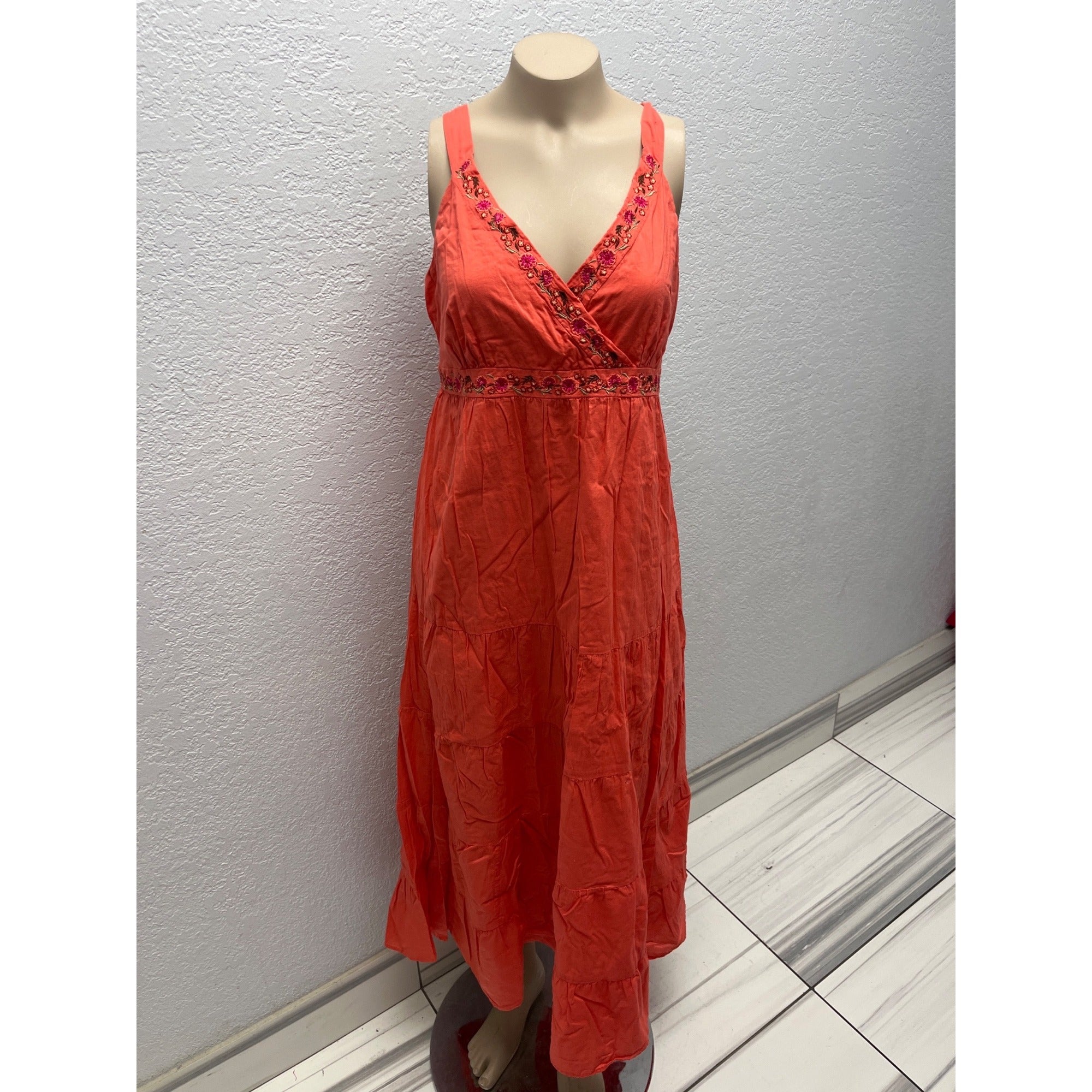 #1117 Motherhood Maternity Size M Coral Orange Embroidered Wrap Maxi Dress