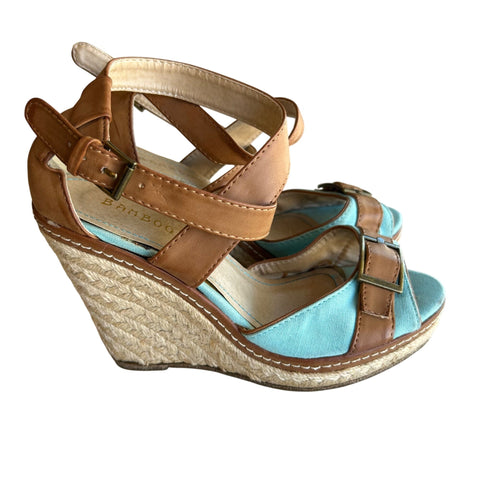 Bamboo Brown & Blue Wedge Sandals Women's Shoe Size 36