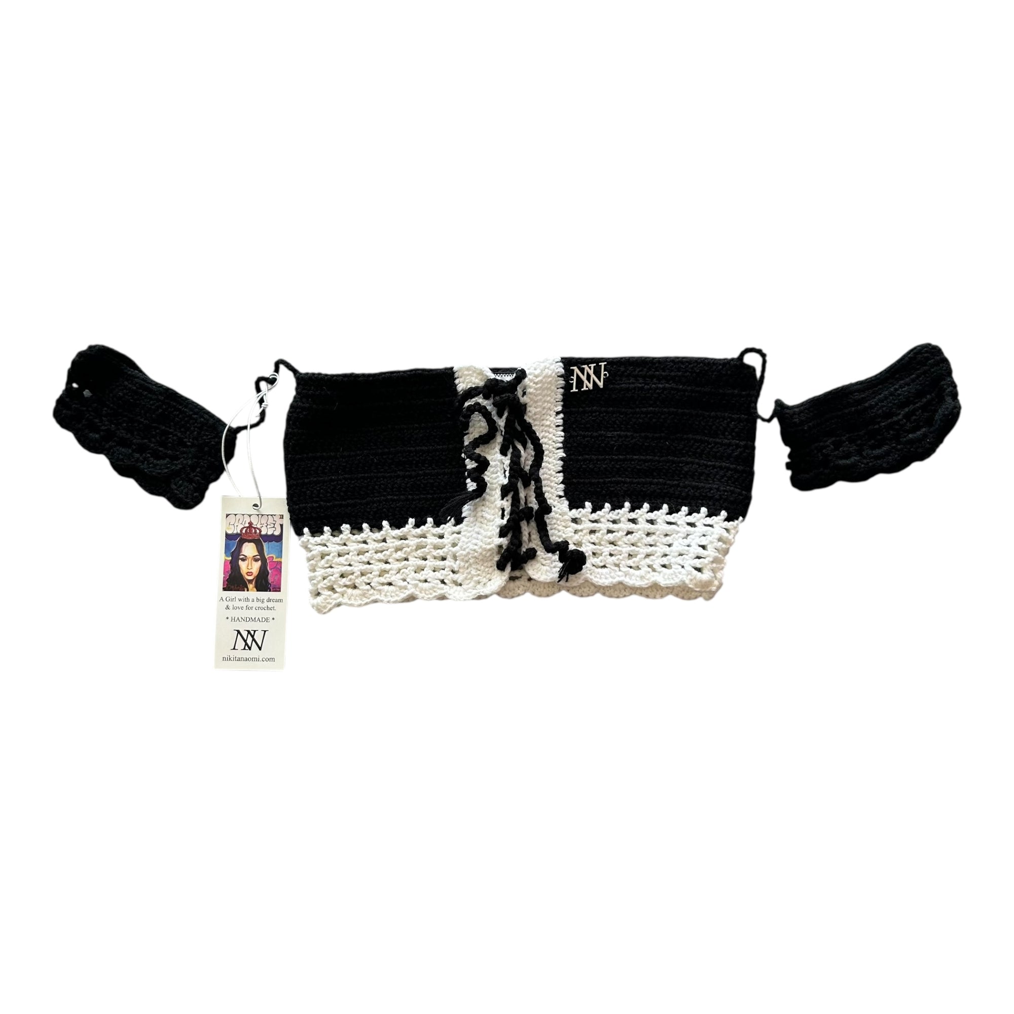 Black with White Off the Shoulder Crochet Crop Top by Nikita Naomi