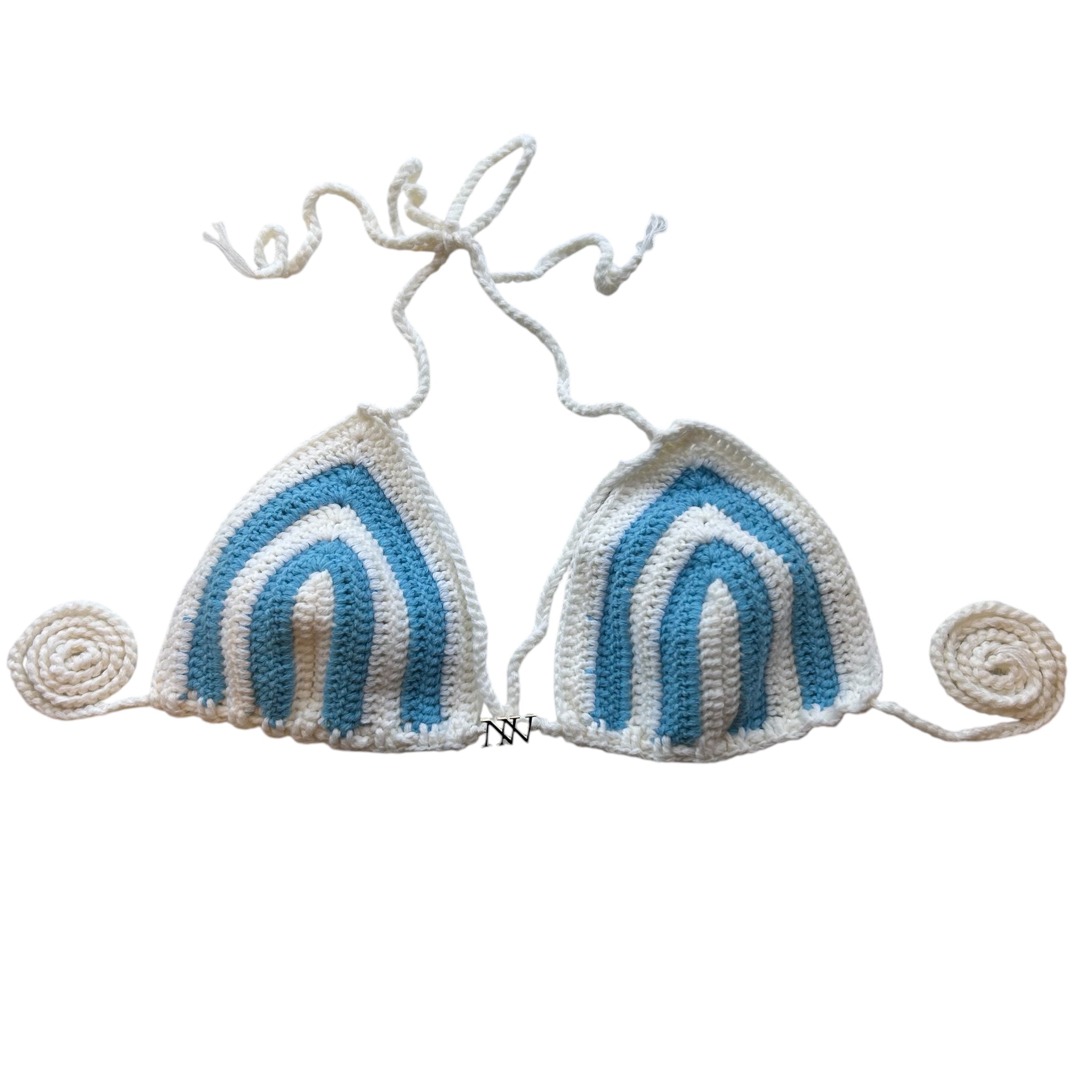White and Blue Striped Handmade Crochet Bikini Top by Nikita Naomi