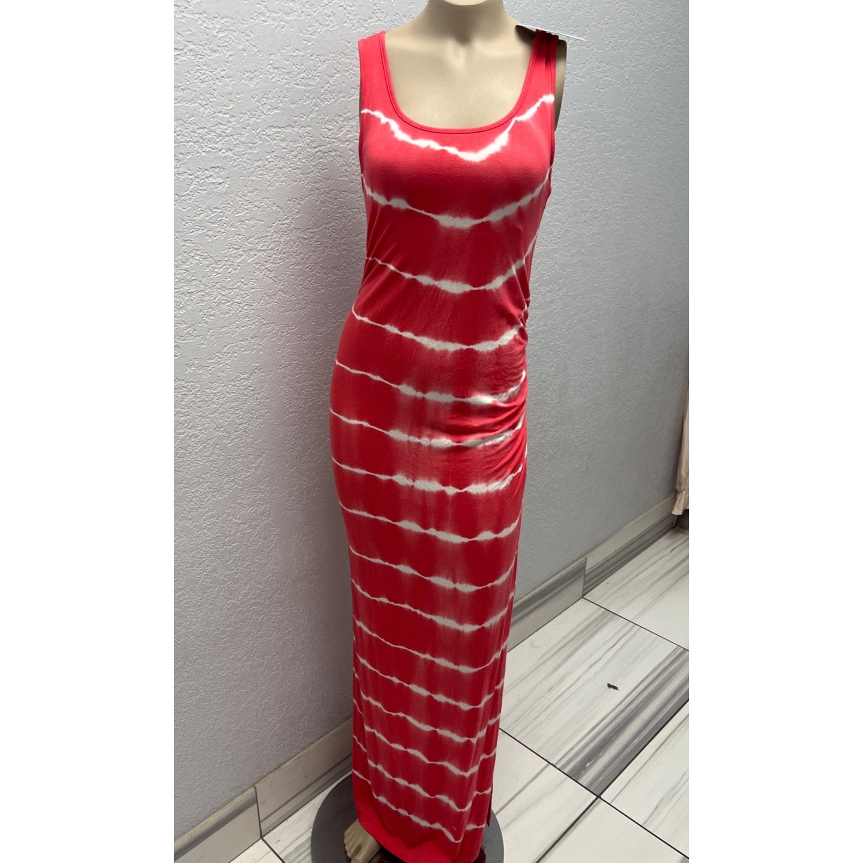 #1108 Isabel Maternity Size XS Red & White Tie-Dye Maxi Tank Dress