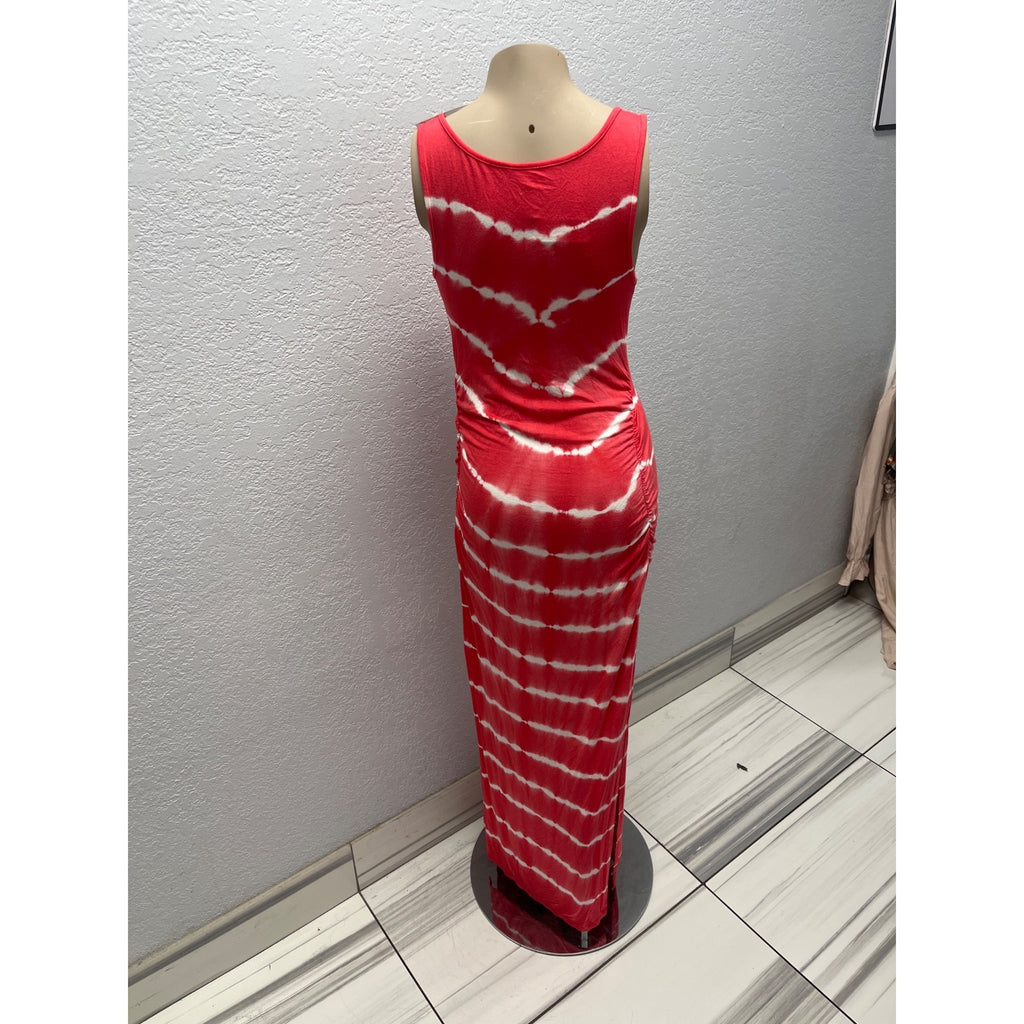 #1108 Isabel Maternity Size XS Red & White Tie-Dye Maxi Tank Dress