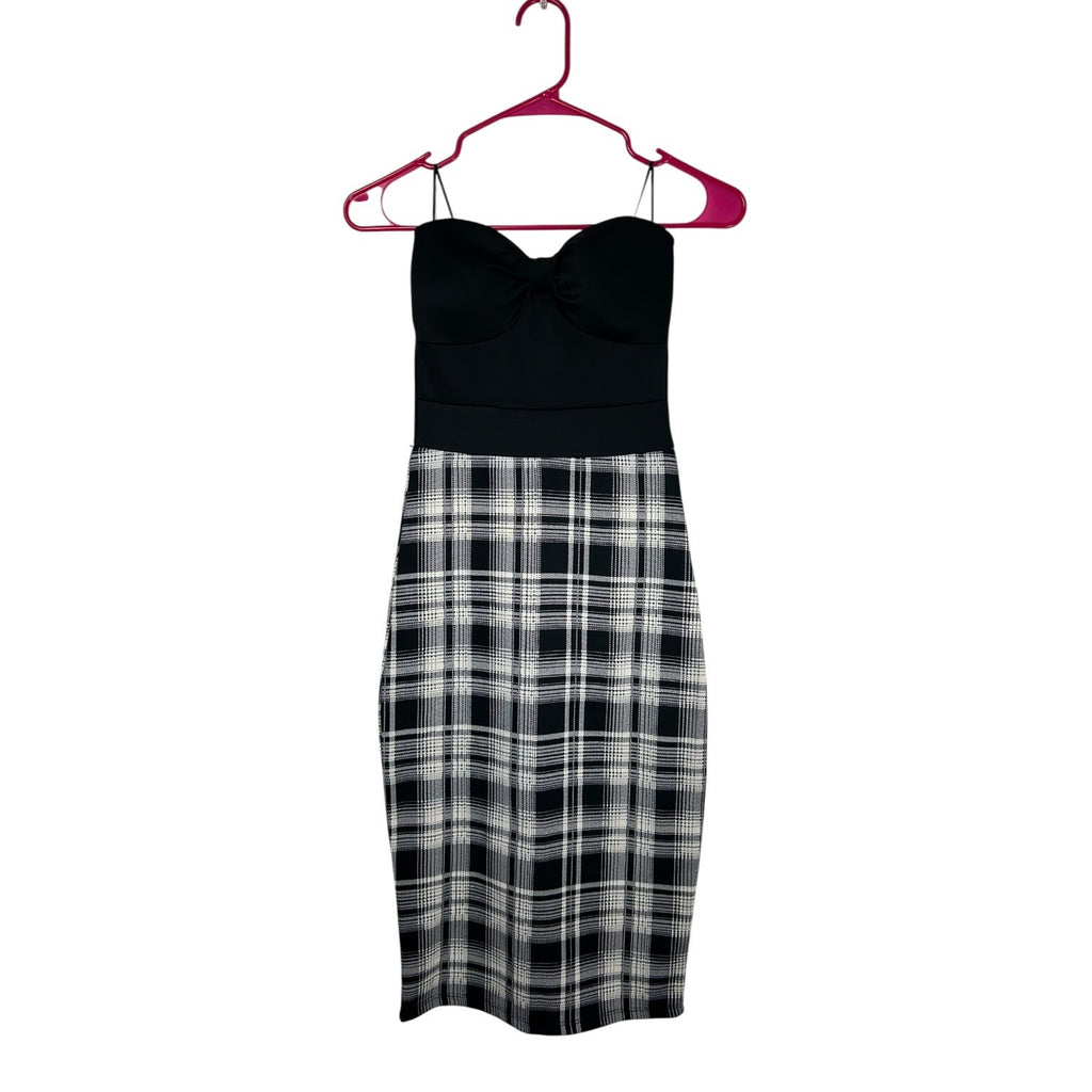 Seductions Black & White Plaid Bodycon Midi Dress With Spaghetti Straps XS