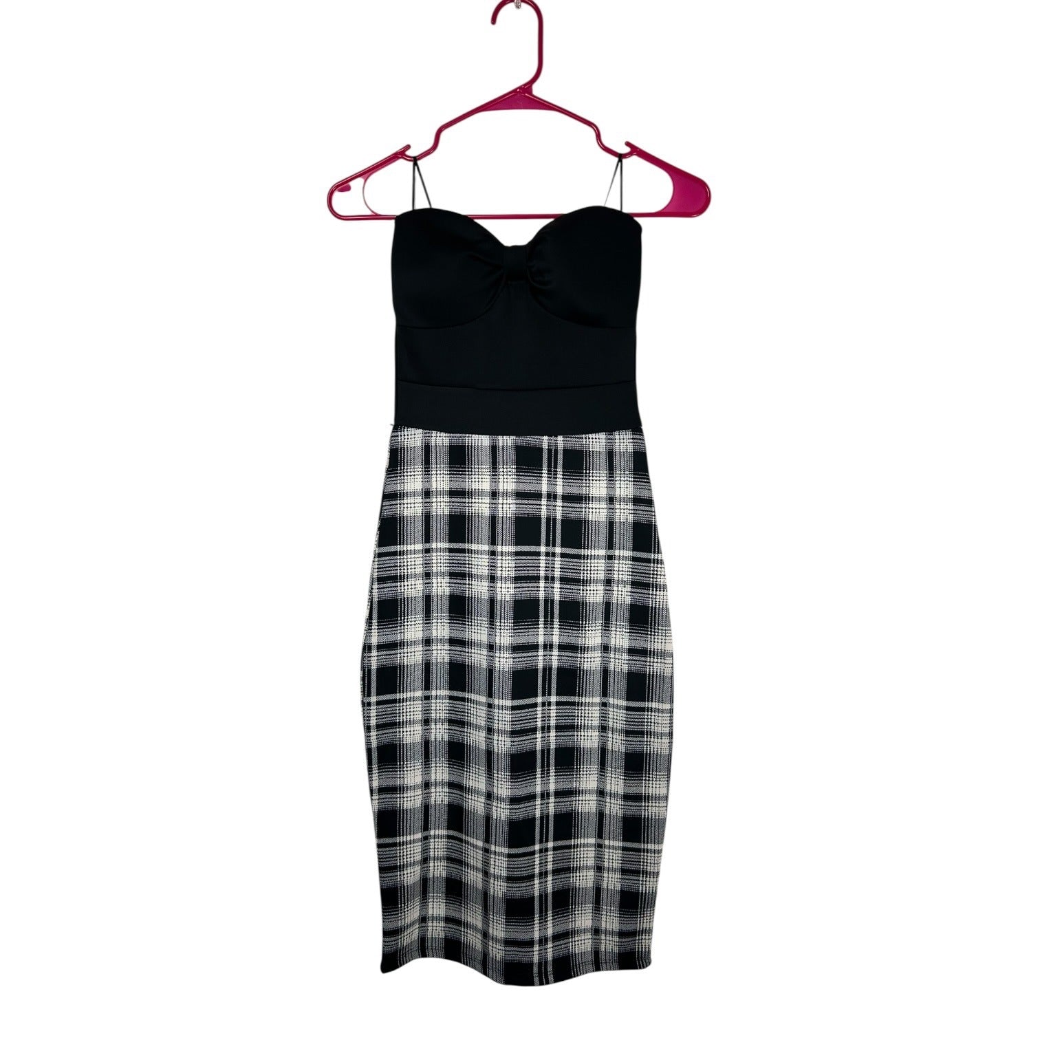 Seductions Black & White Plaid Bodycon Midi Dress With Spaghetti Straps XS