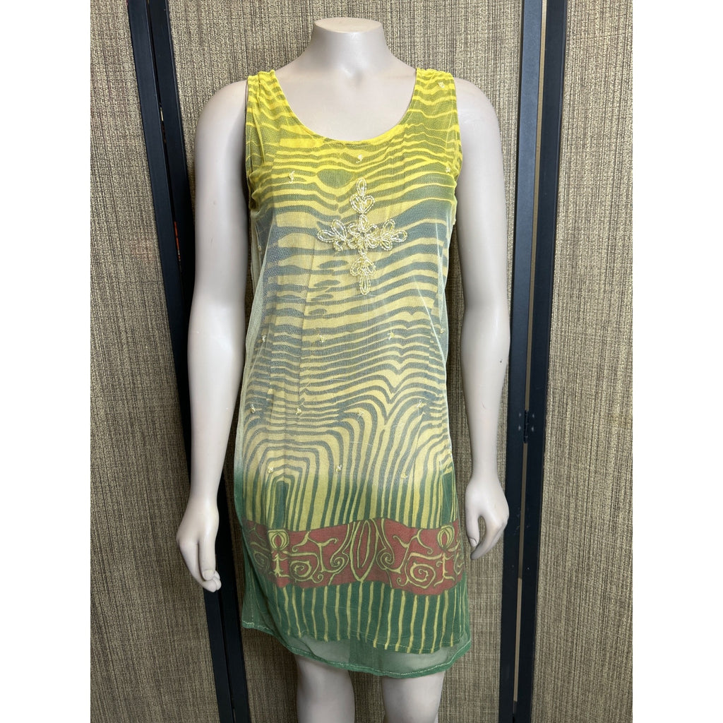 DG-133 Equation Women's Size S Yellow & Green Striped Sheer Dress