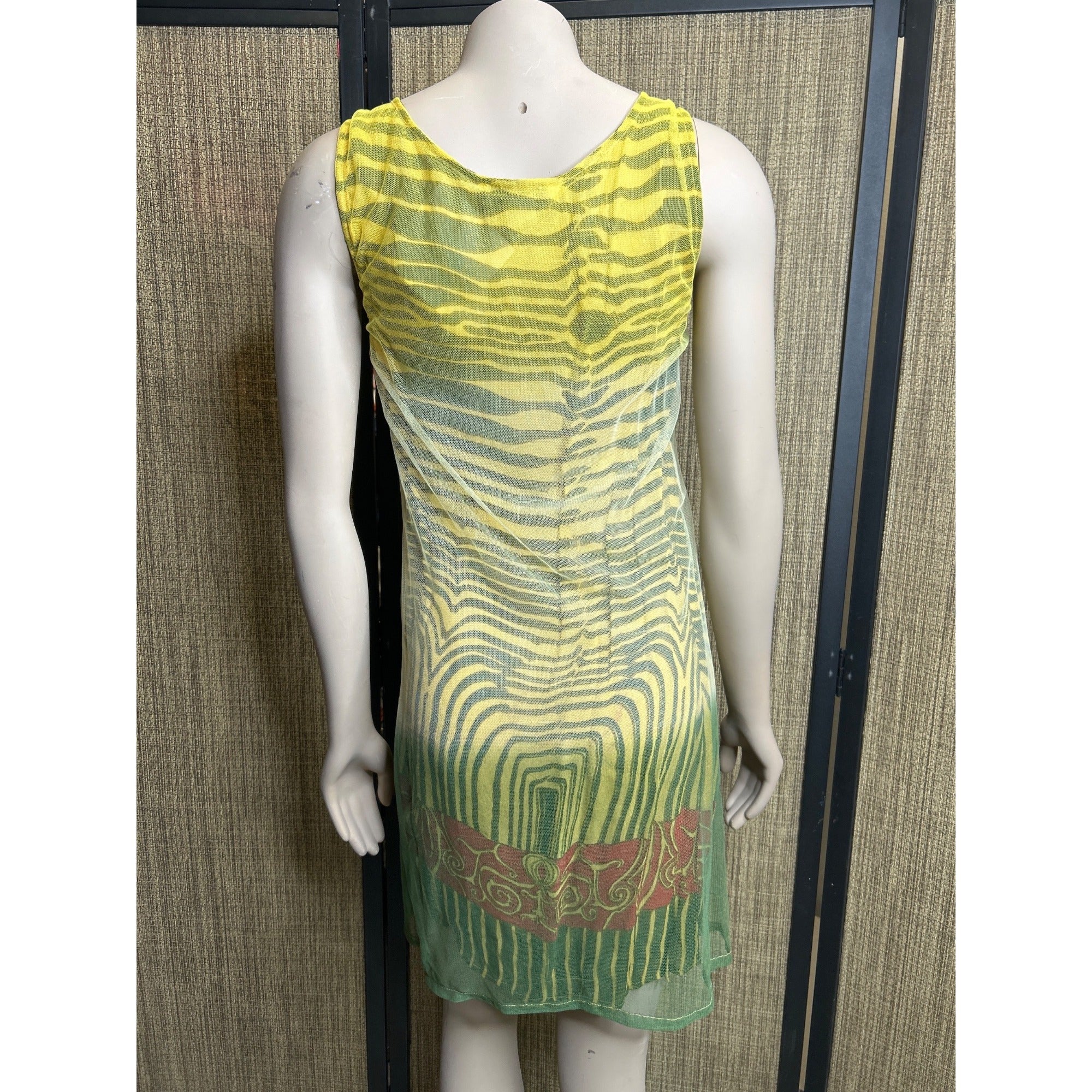 DG-133 Equation Women's Size S Yellow & Green Striped Sheer Dress