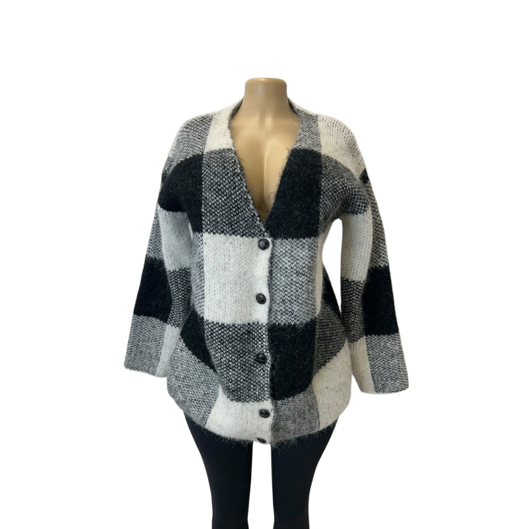 K-94 Woolrich Women's Buffalo Check Relaxed Cardigan -  Black/White Size Medium