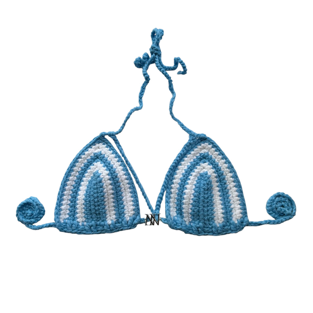 Sky Blue and White Striped Handmade Crochet Bikini Top by Nikita Naomi