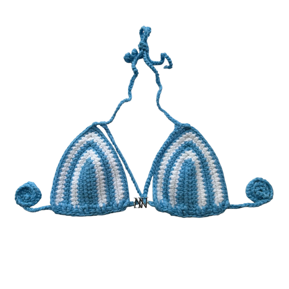 Sky Blue and White Striped Handmade Crochet Bikini Top by Nikita Naomi