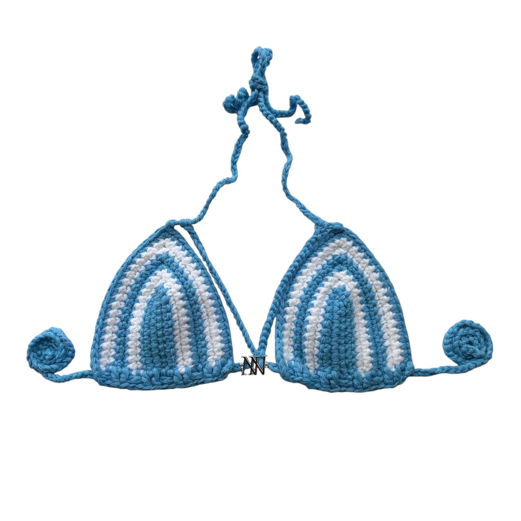 Sky Blue and White Striped Handmade Crochet Bikini Top by Nikita Naomi