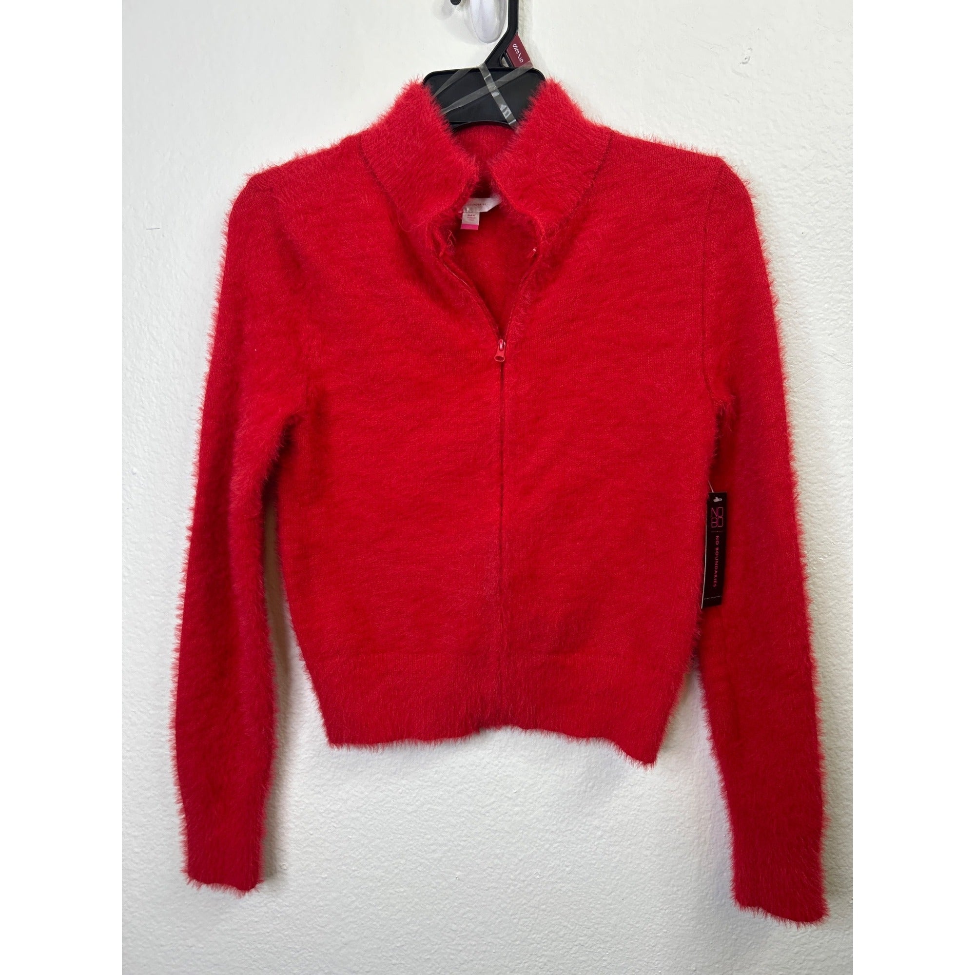 #1078 No Boundaries Women's Red Eyelash Knit Sweater S Mock Neck Long Sleeve