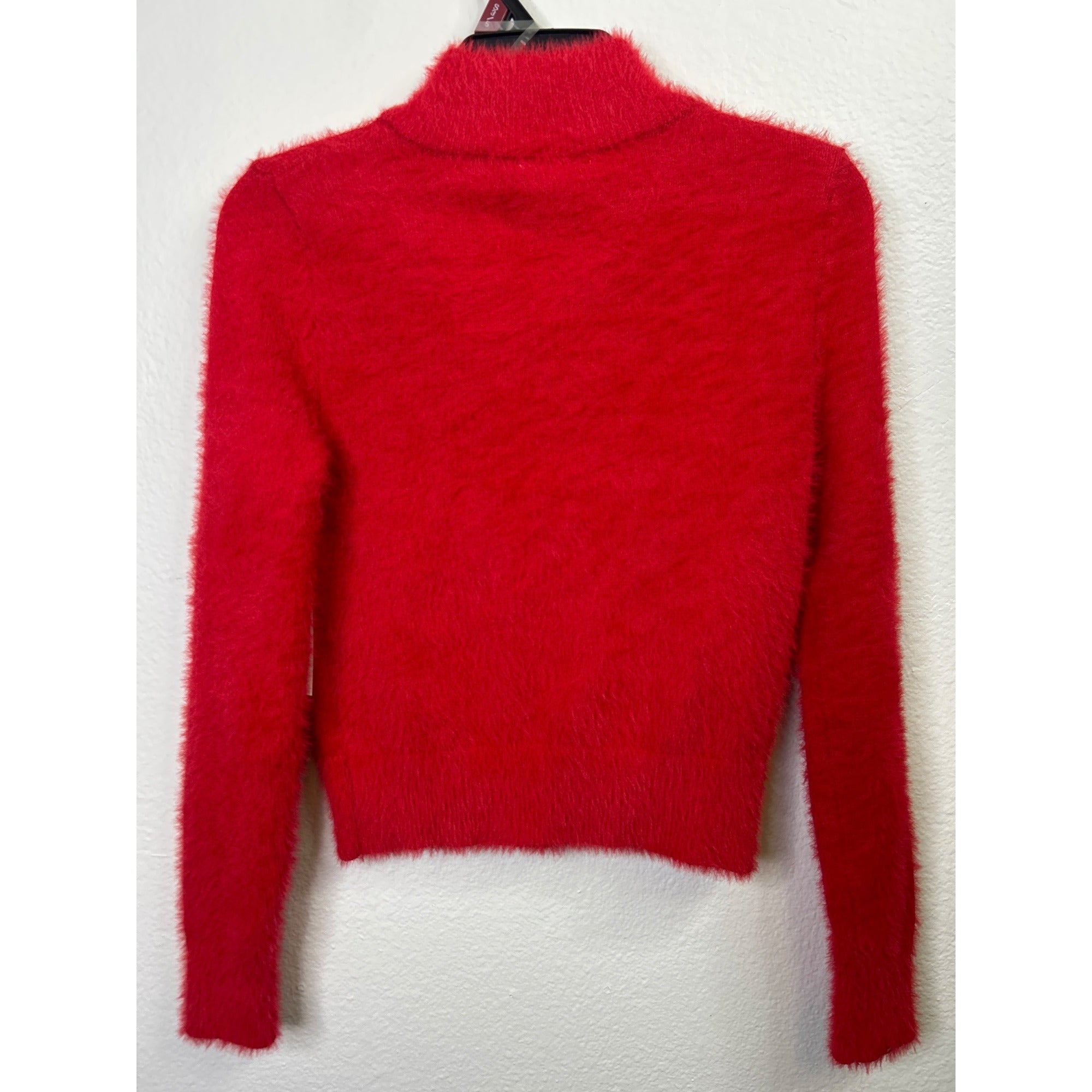 #1078 No Boundaries Women's Red Eyelash Knit Sweater S Mock Neck Long Sleeve