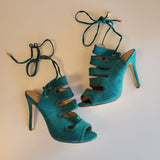 Cape Robin Women’s Lace Up Strappy Cutout Stiletto Sandals Green Suede Size 6.5