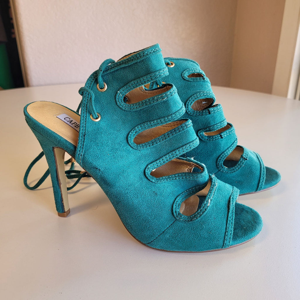 Cape Robin Women’s Lace Up Strappy Cutout Stiletto Sandals Green Suede Size 6.5