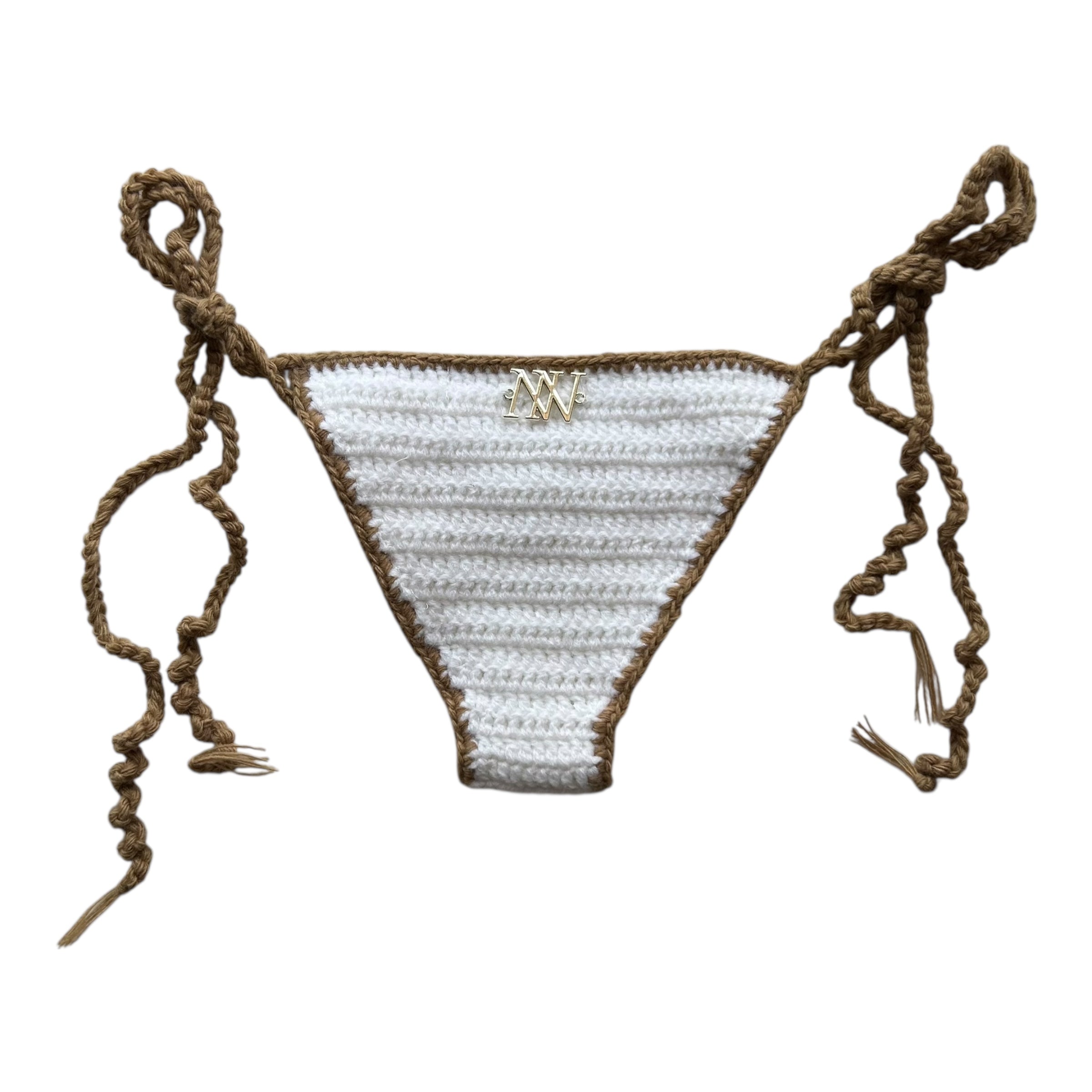 White with Beige Border Mini Crochet Bikini Bottom by Nikita Naomi