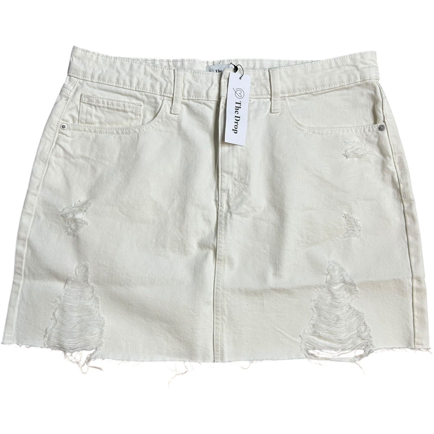 #879 The Drop Women's Size Large Ansh Distressed Denim Mini Skirt, White