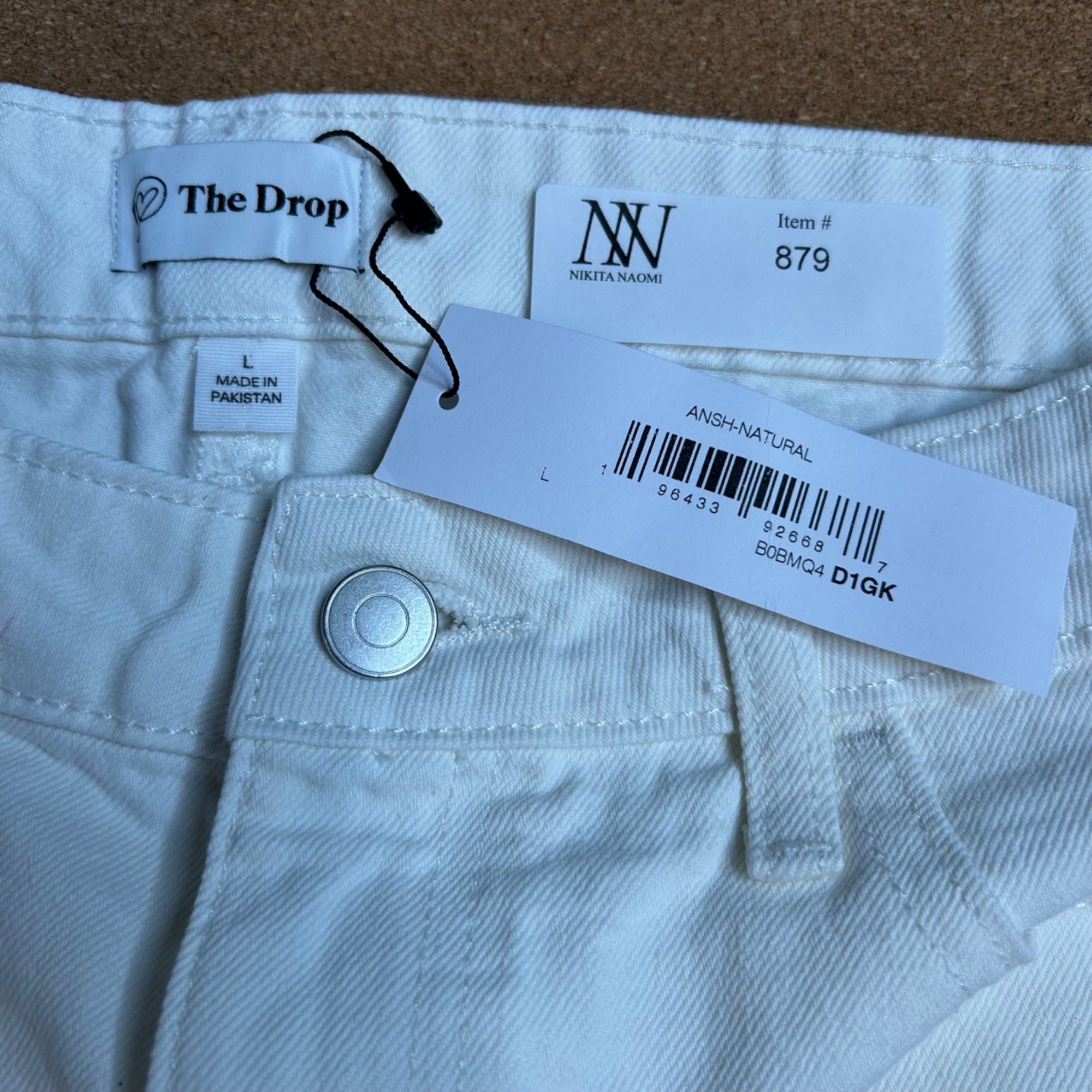 #879 The Drop Women's Size Large Ansh Distressed Denim Mini Skirt, White