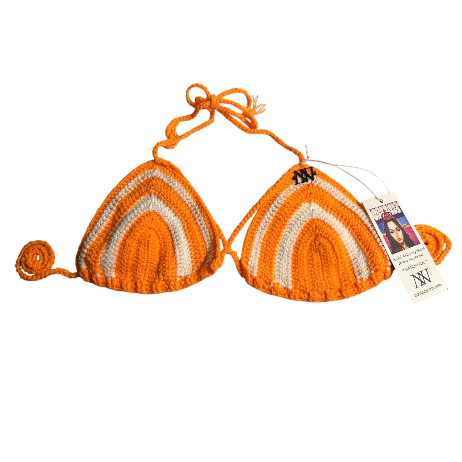 Orange and White Striped Handmade Crochet Bikini Top by Nikita Naomi