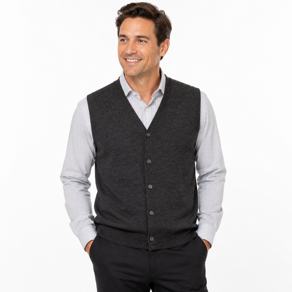 DG-188 Club Room Merino Wool Button-Front Vest Men's Sweater Charcoal Gray Size Large