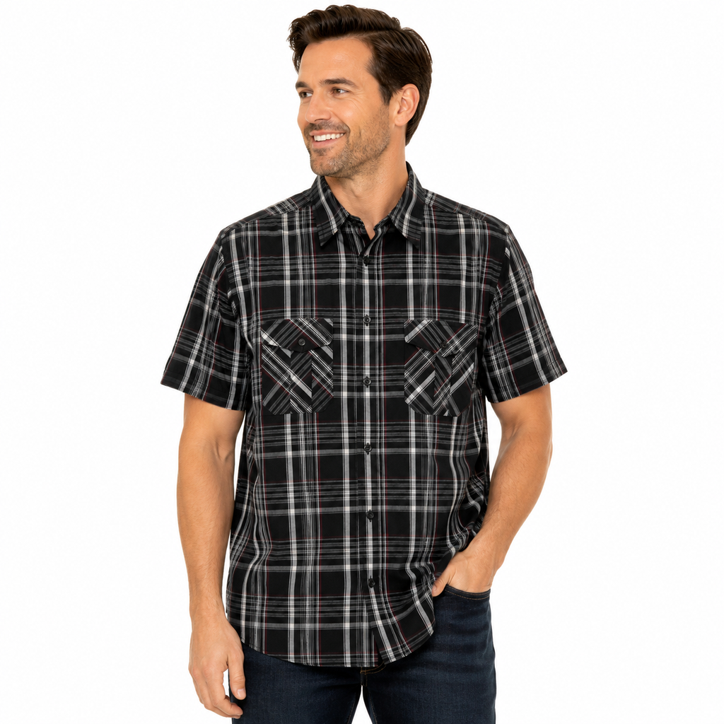 DG-178 Beverly Hills Polo Club Long Sleeve Men's Button-Up Shirt Black Plaid Size Large