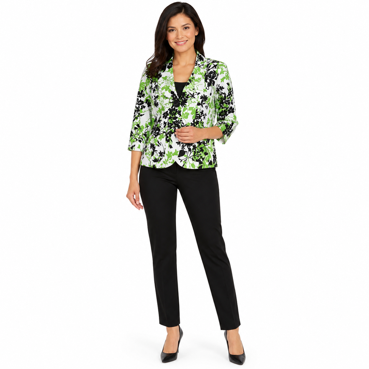DG-184 Trenz Women's Floral Blazer 3/4 Sleeve Button-Closure Jacket Size Petite Small