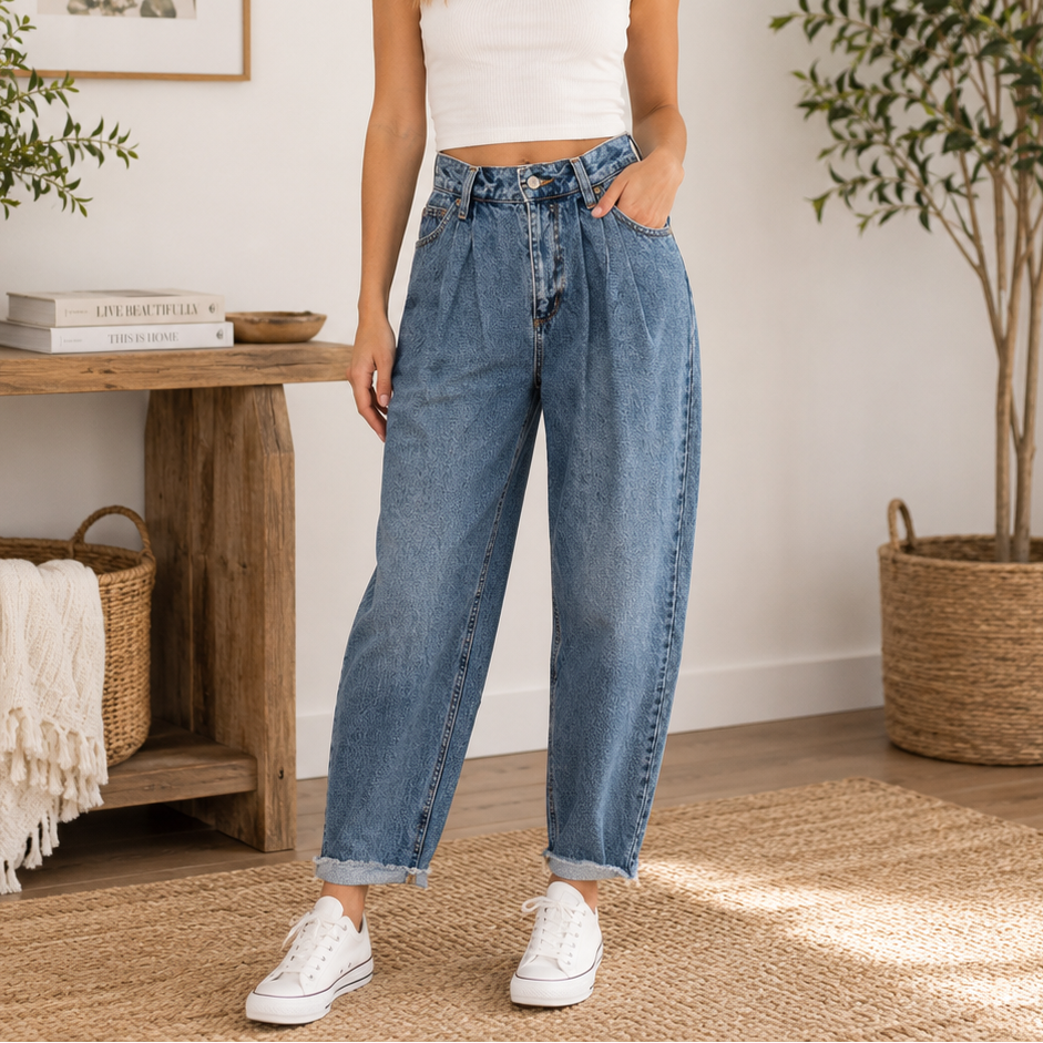 K-233 Kahlana Barrel Leg Raw Hem High-Rise Blue Denim Jeans Women's Size 4