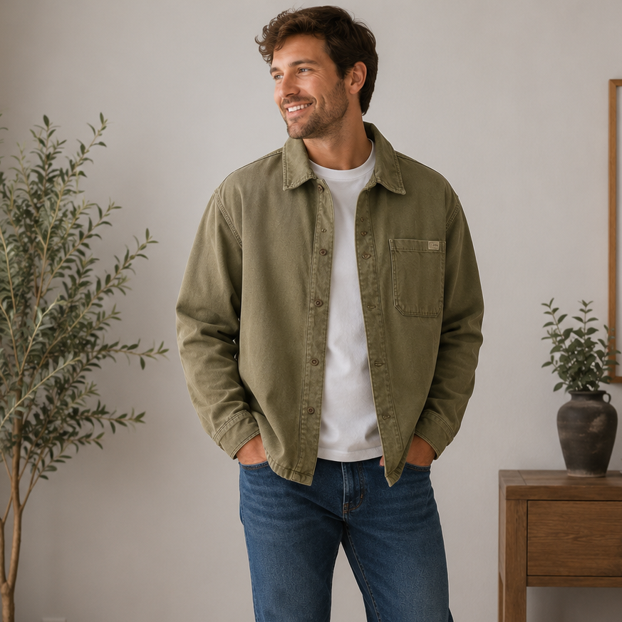 K-229 Woolrich Lined Button Front Olive Green Tall Shirt Jacket Men's Large