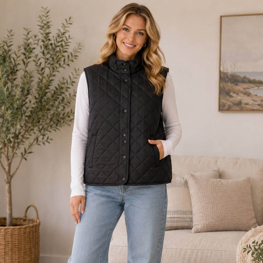 K-228 A New Day Quilted Water-Resistant Snap Front Vest Black Women's Size XL