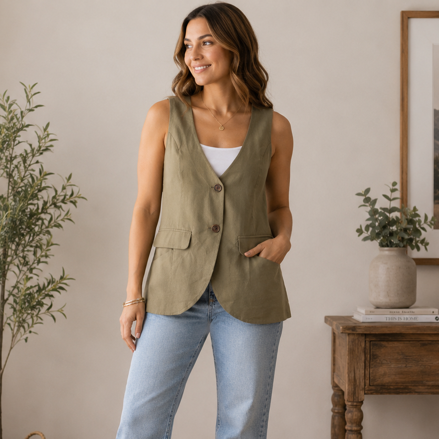 K-226 A New Day Sleeveless Casual Button-Front Vest Olive Green Women's Size XXL