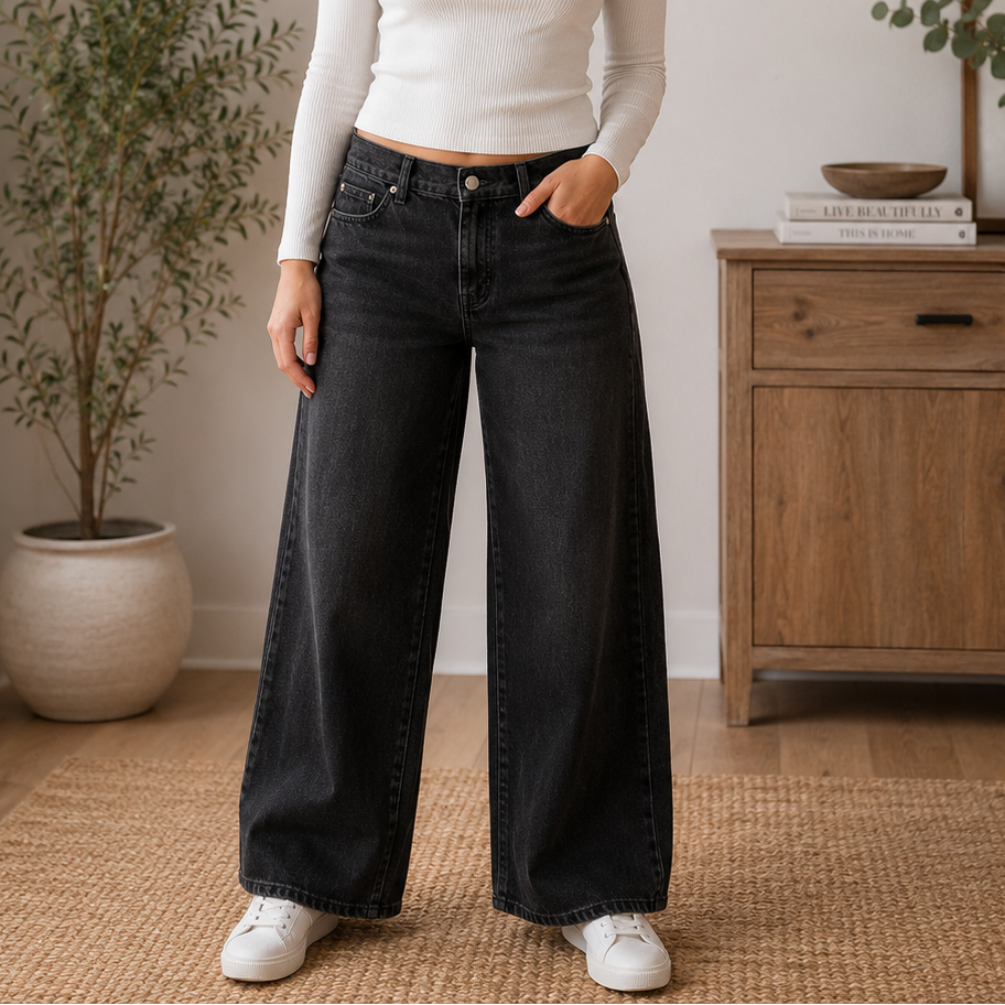 K-204 K433 By Kahlana Low Rise Wide Leg Jeans Black Denim Women's Size 4