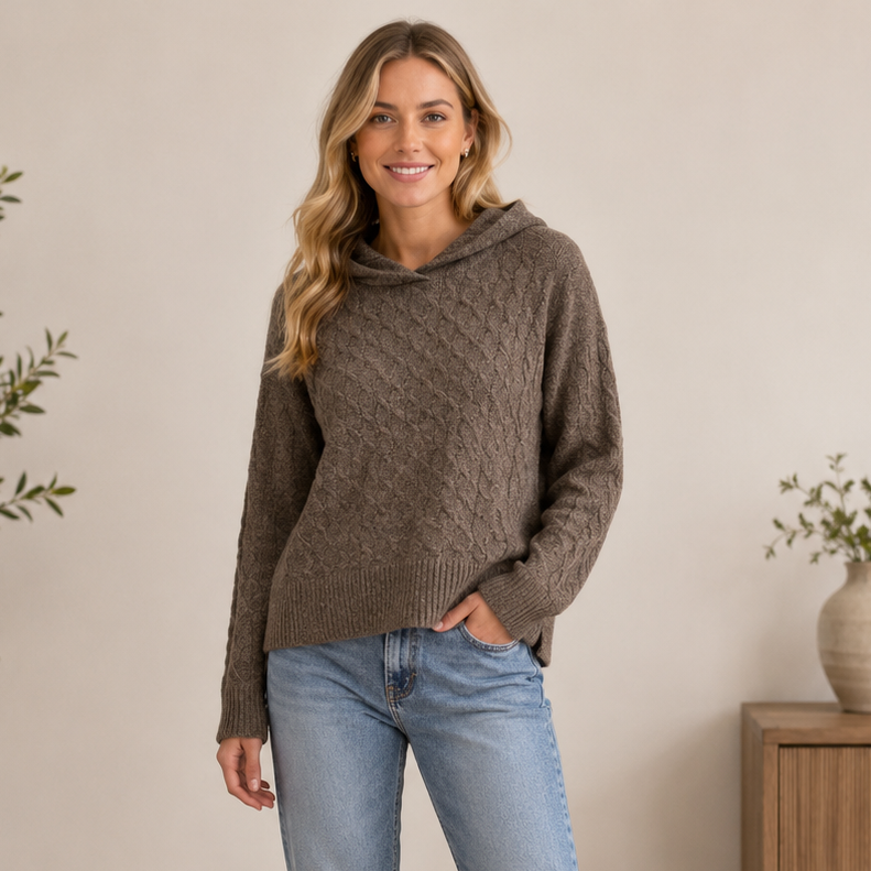 K-185 Auden Luxury Collection Cable Knit Hoodie Sweater Heather Brown Size Small