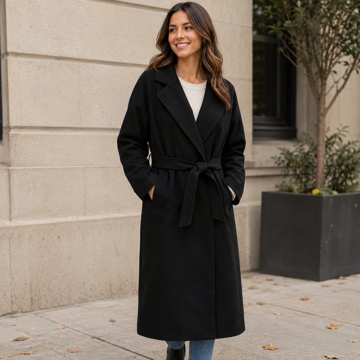 K-174 A New Day Belted Long Coat Black Women's Size Medium