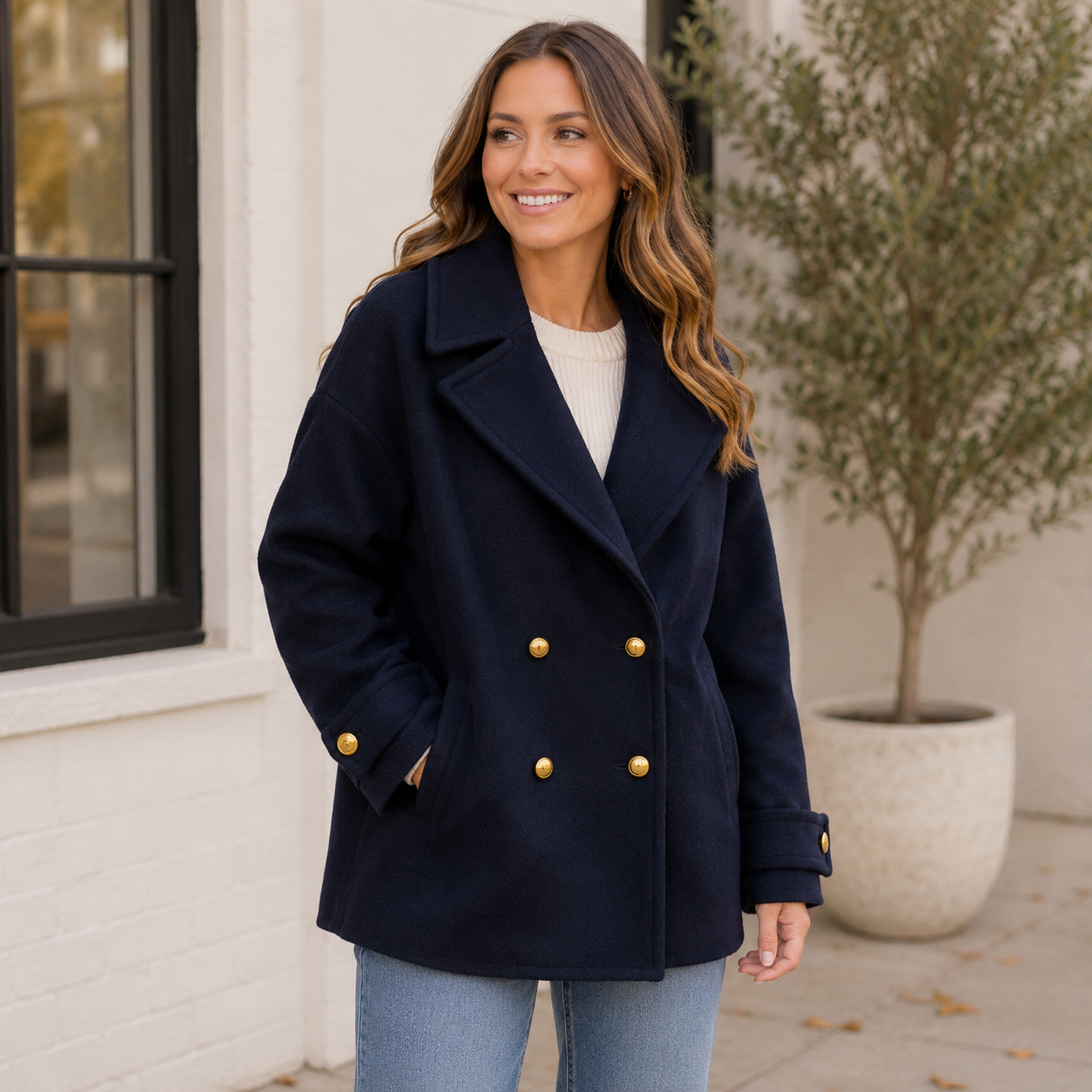 K-173 KBB by Kahlana Gold Button Double-Breasted Peacoat Navy Women's Size Small