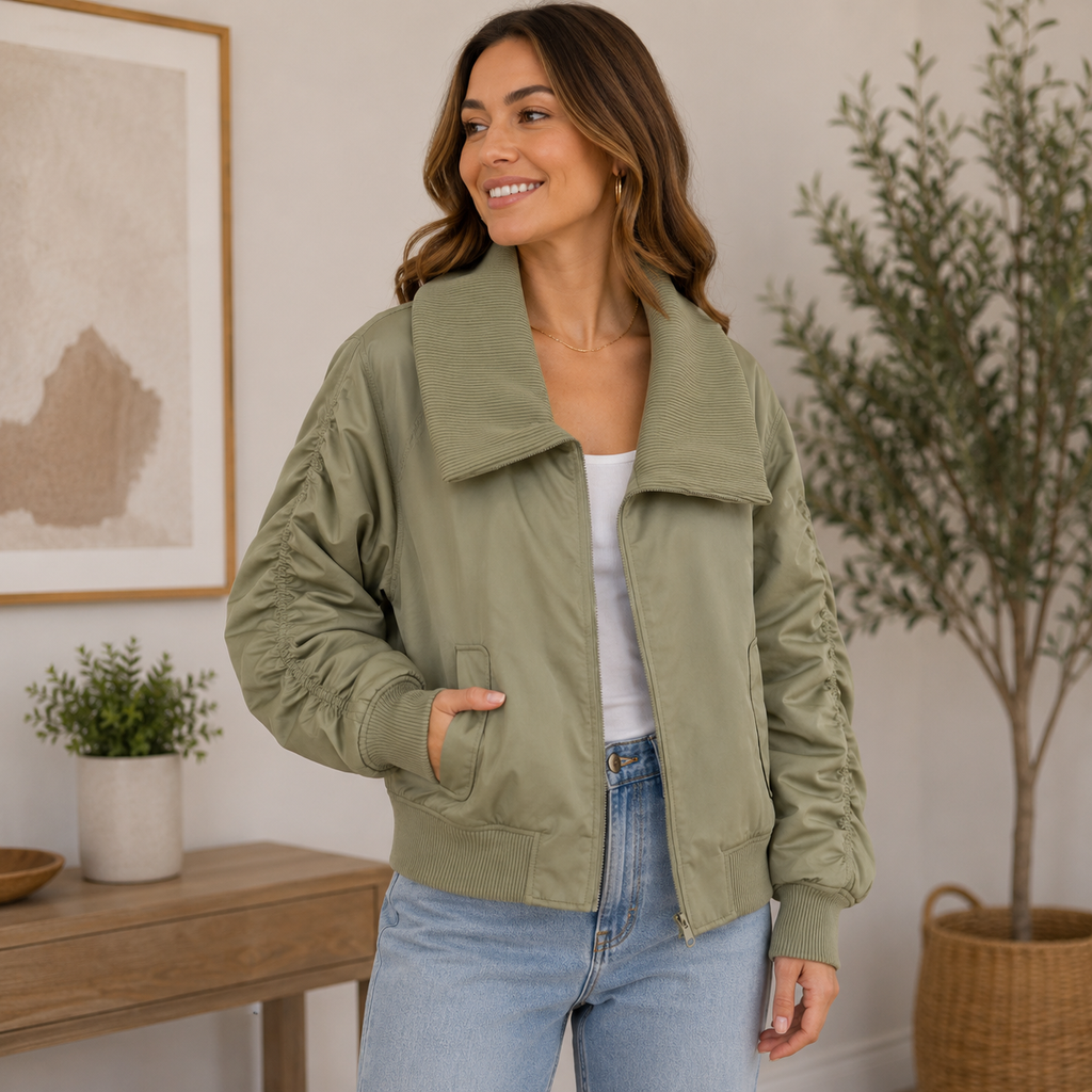 K-171 KBB by Kahlana Ribbed Collar Bomber Jacket Olive Green Women's Size Large