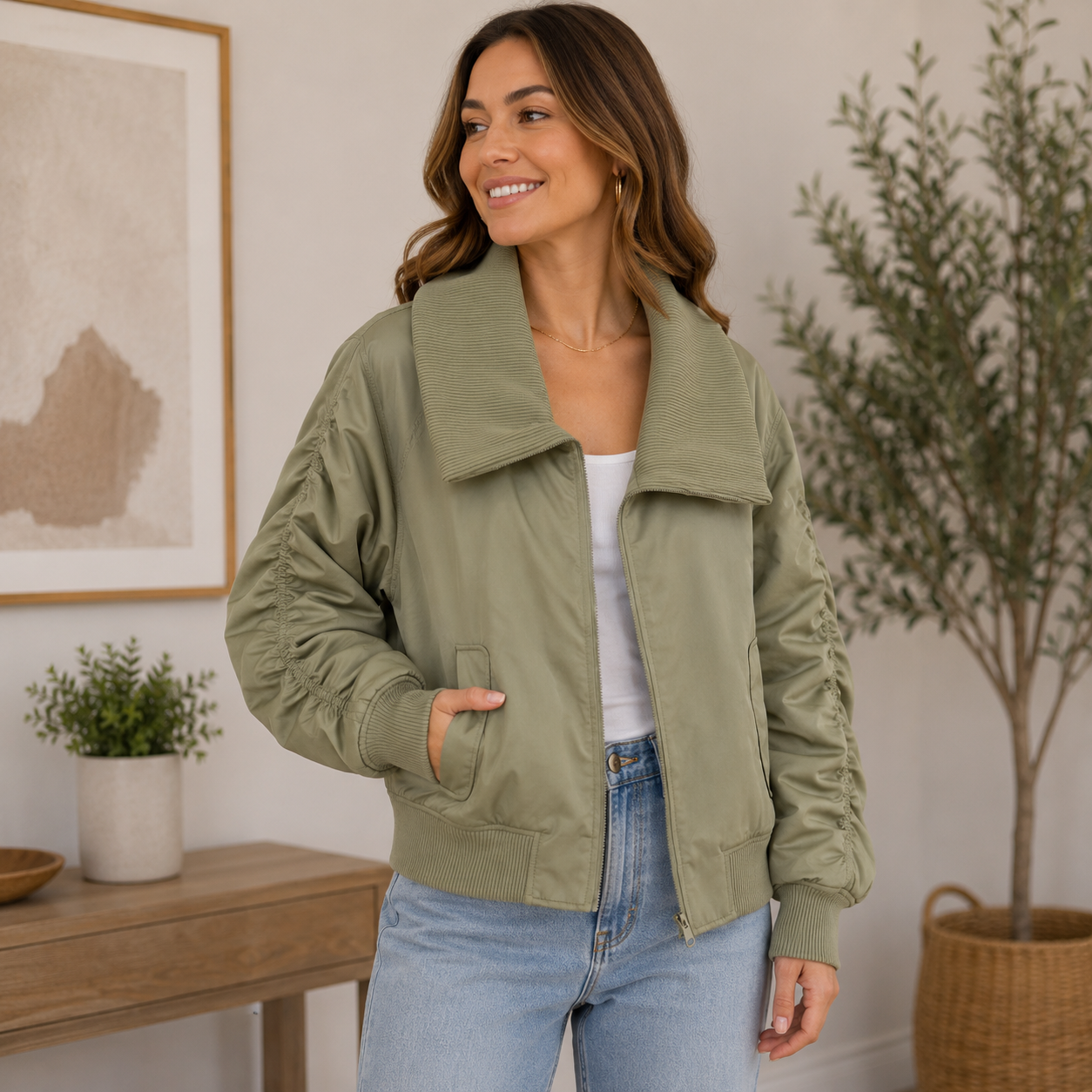 K-171 KBB by Kahlana Ribbed Collar Bomber Jacket Olive Green Women's Size Large