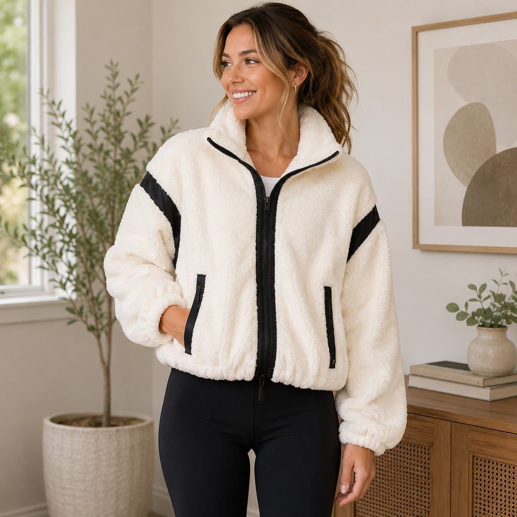 K-169 JoyLab Fleece Zip-Up White Black Accents Sherpa Jacket Women's Size XS