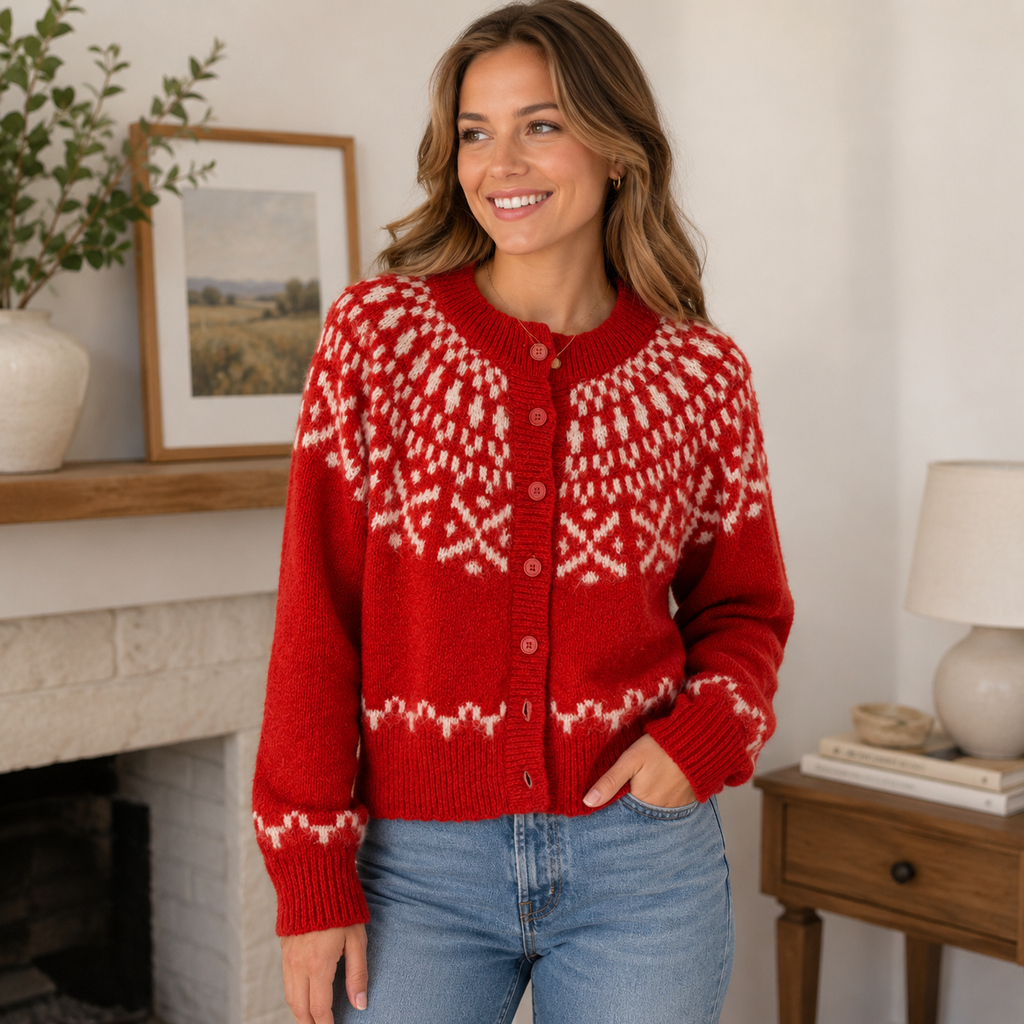 K-162 Universal Thread Fair Isle Button Front Knit Cardigan Sweater Red Women's Size Medium