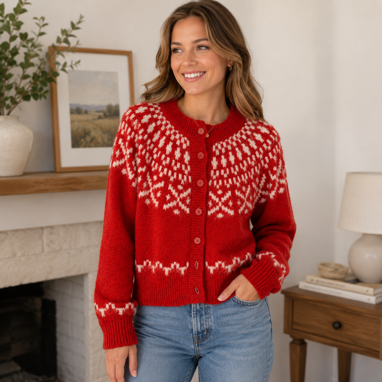 K-162 Universal Thread Fair Isle Button Front Knit Cardigan Sweater Red Women's Size Medium