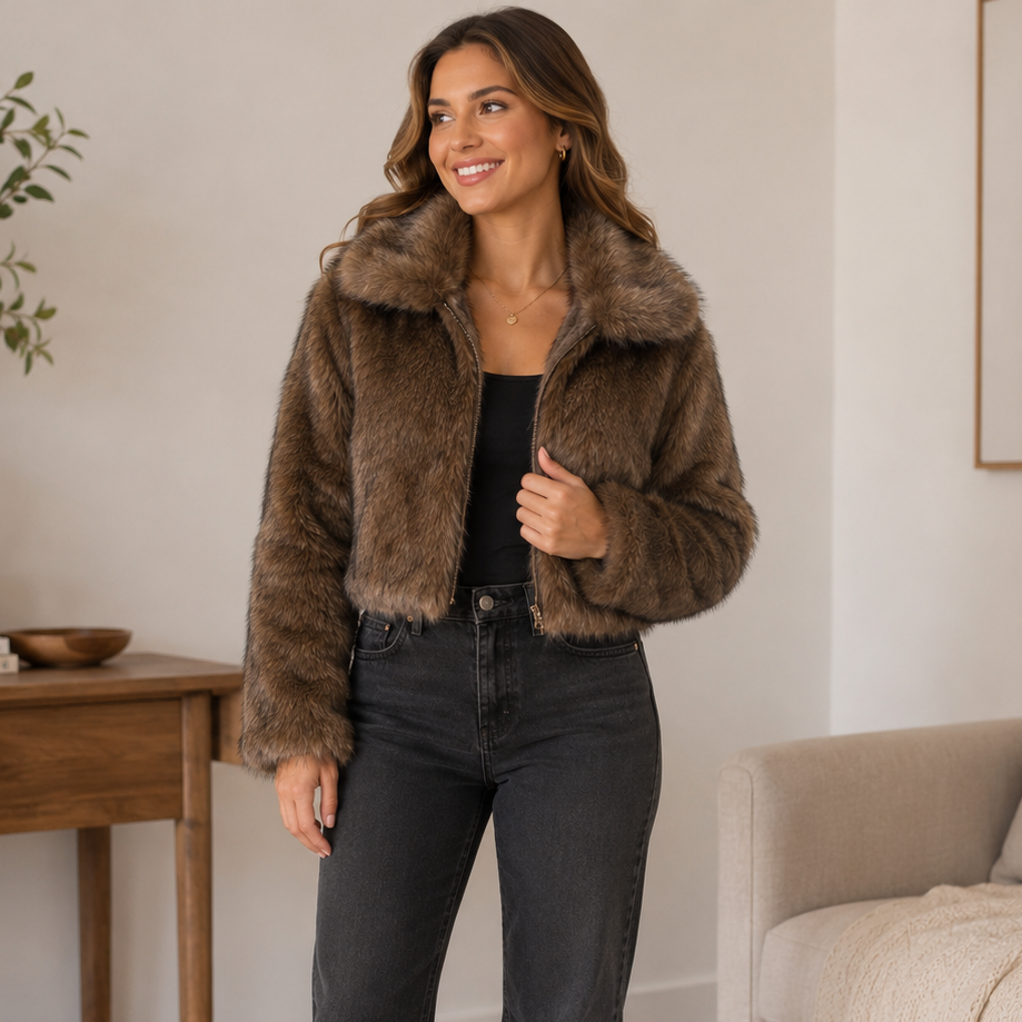 K-153 Wild Fable Faux Fur Cropped Jacket Brown Women's Size XS