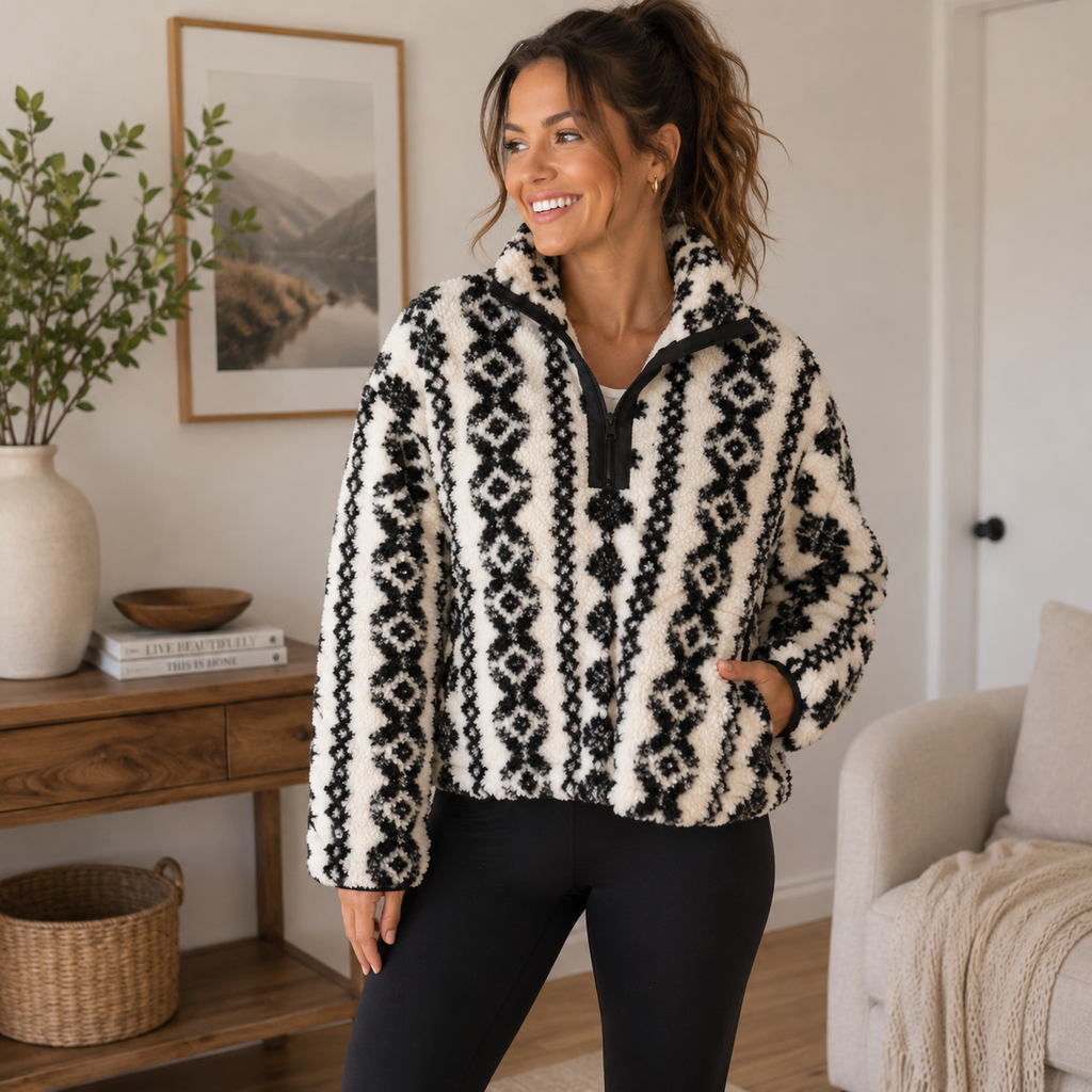 K-152 All in Motion High Pile Fleece Half-Zip Jacket Cream & Black Pattern Women's Size XS