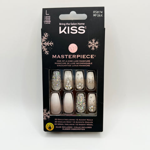 Kiss Masterpiece Long Press On Nails White Silver Embellished Rhinestones MP06X