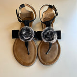 Black Fur Pom Pom Thong Sandals With Ankle Strap For Women Size 6